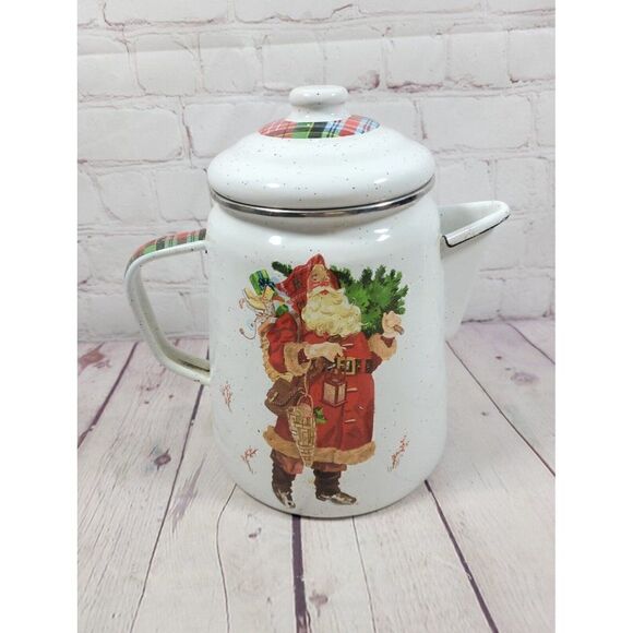 Vintage Hallmark Enamel Chrstmas Santa Tall Teapot - Picture 1 of 6